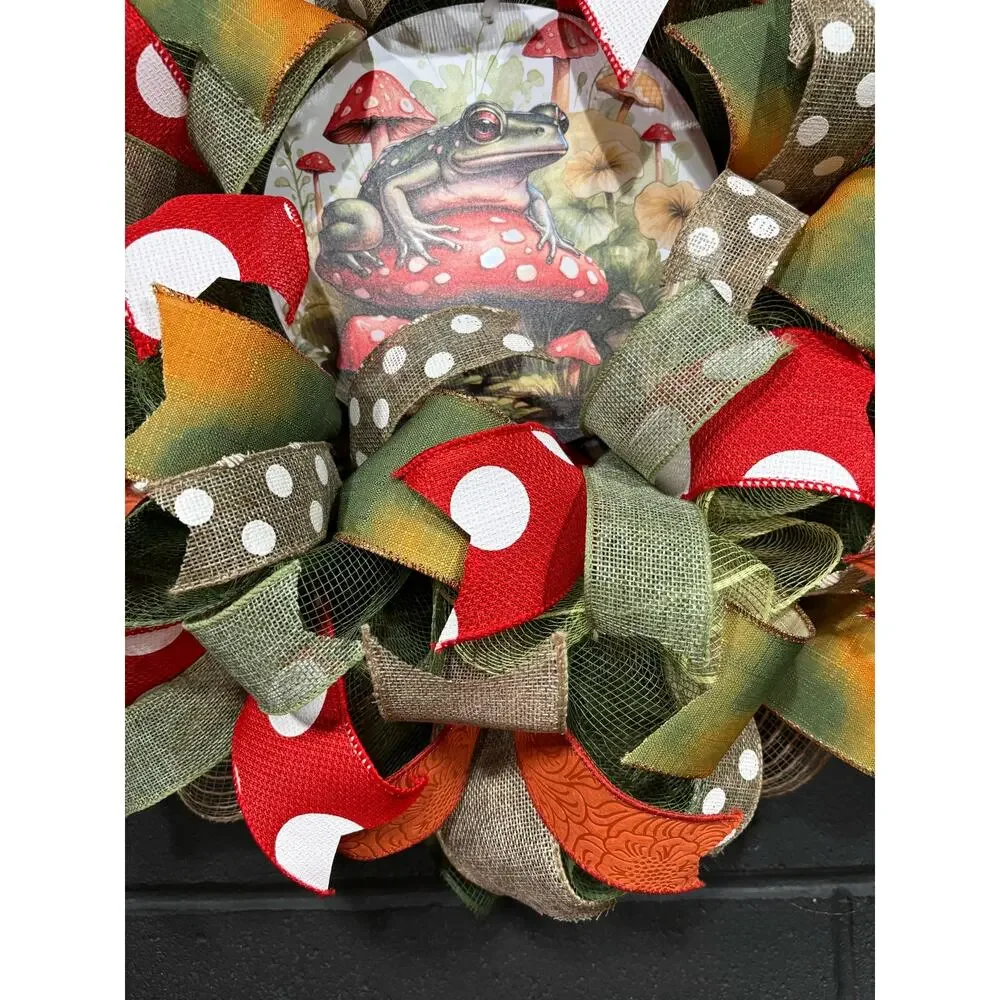 Mushroom Frog Wreath For Front Door Handmade 22 inch Deco Mesh